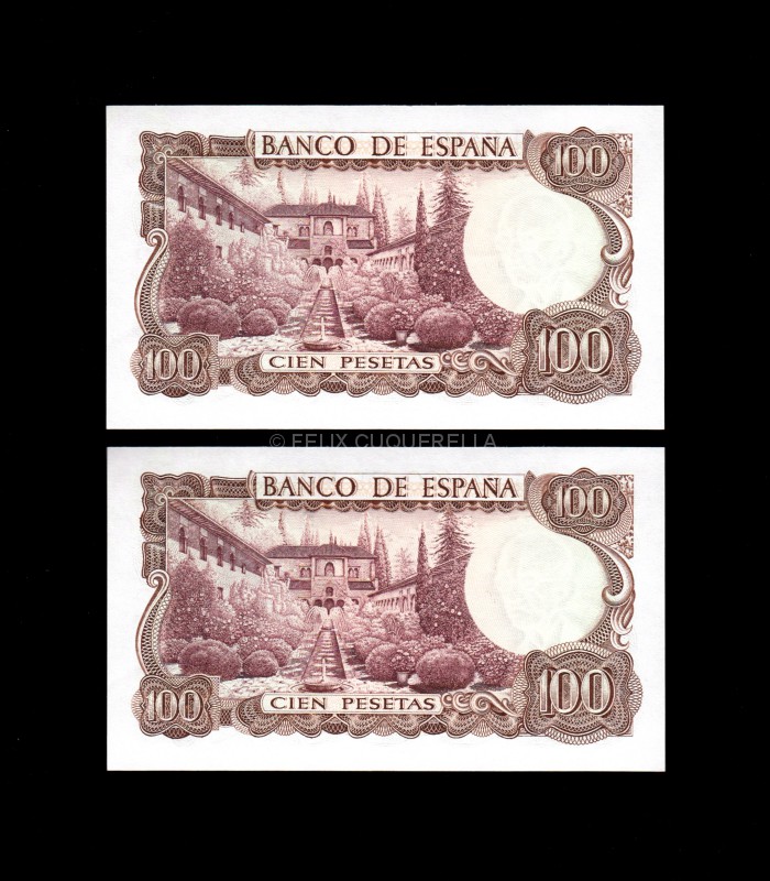 Pareja correlativa 100 Pesetas 1970, serie 9C, S/C-, marquita en lateral reverso Pareja correlativa 100 Pesetas 1970, serie 9C, S/C-, marquita en lateral reverso