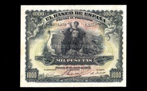 1000 Pesetas Julio 1907, MBC, doble resello República y Burgos anverso