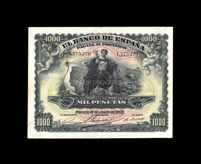 1000 Pesetas Julio 1907, MBC, doble resello República y Burgos anverso 1000 Pesetas Julio 1907, MBC, doble resello República y Burgos anverso