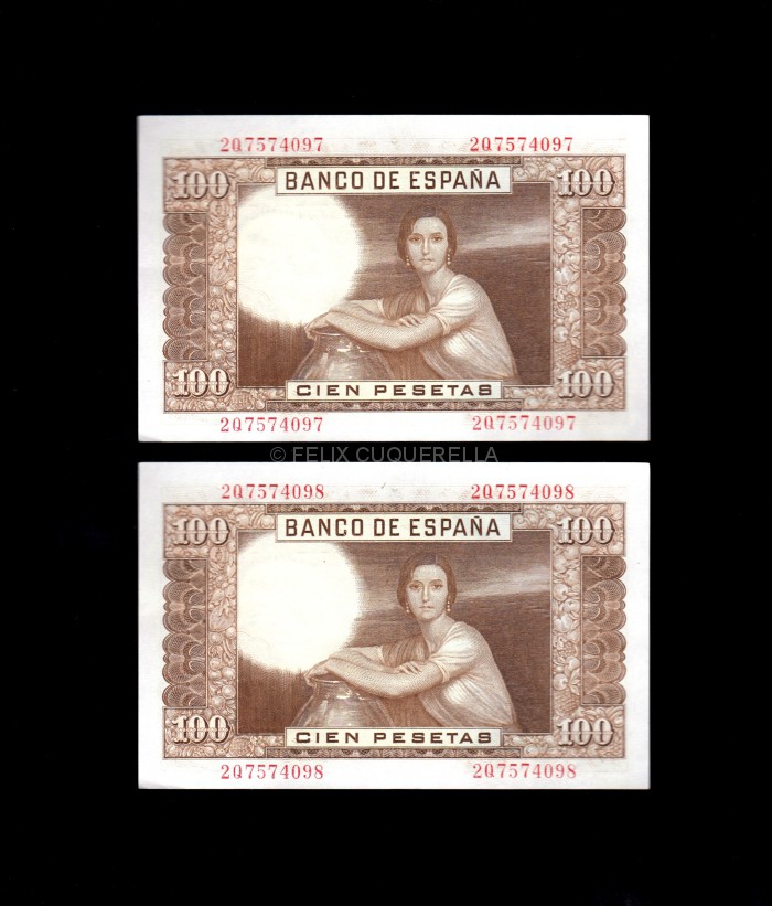 Pareja correlativa 100 Pesetas 1953, serie 2Q, S/C reverso Pareja correlativa 100 Pesetas 1953, serie 2Q, S/C reverso