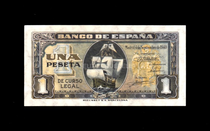 1 Peseta Septiembre 1940, sin serie, S/C-, pico doblado, marca en esquina anverso 1 Peseta Septiembre 1940, sin serie, S/C-, pico doblado, marca en esquina anverso