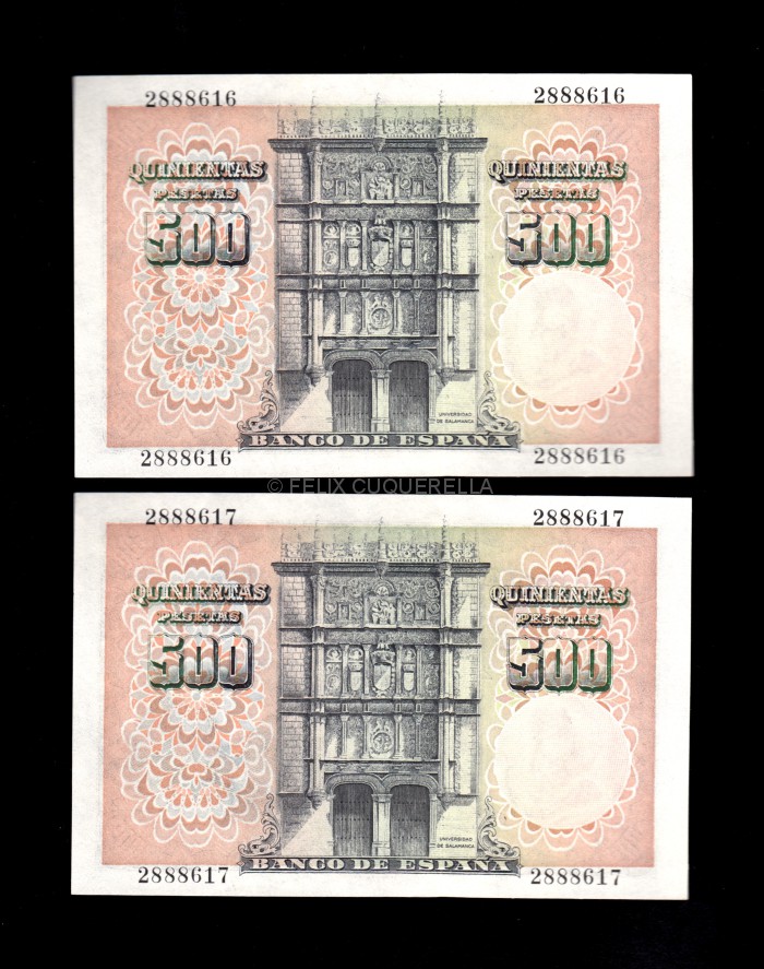 Pareja correlativa 500 Pesetas 1946, sin serie, EBC+ reverso Pareja correlativa 500 Pesetas 1946, sin serie, EBC+ reverso