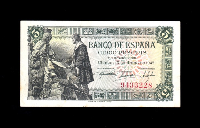 5 pesetas 1945, sin serie, EBC-, márgenes sucios anverso 5 pesetas 1945, sin serie, EBC-, márgenes sucios anverso