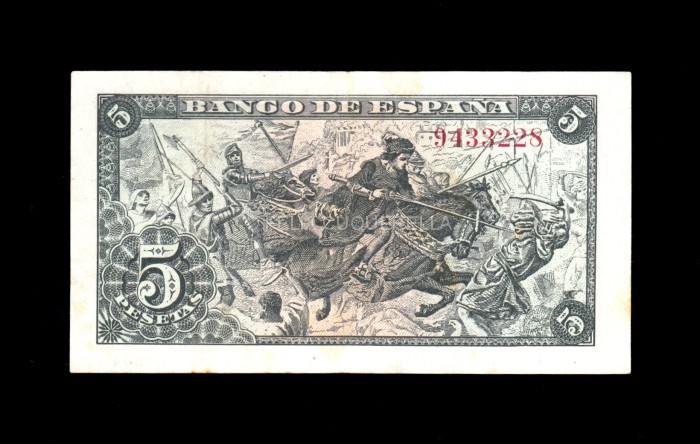 5 pesetas 1945, sin serie, EBC-, márgenes sucios reverso 5 pesetas 1945, sin serie, EBC-, márgenes sucios reverso