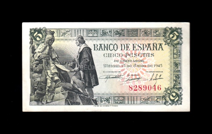 5 pesetas 1945, sin serie, EBC-, picos doblados anverso 5 pesetas 1945, sin serie, EBC-, picos doblados anverso