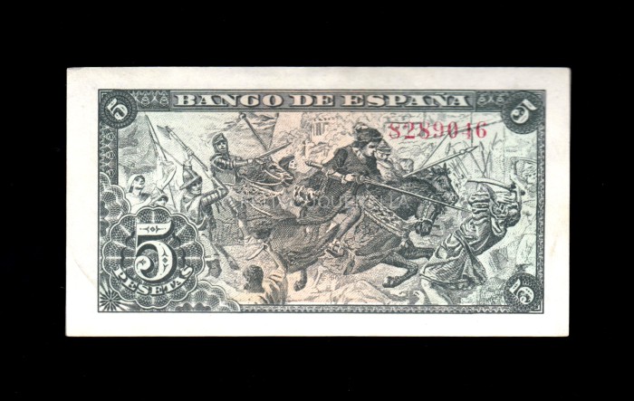 5 pesetas 1945, sin serie, EBC-, picos doblados reverso 5 pesetas 1945, sin serie, EBC-, picos doblados reverso