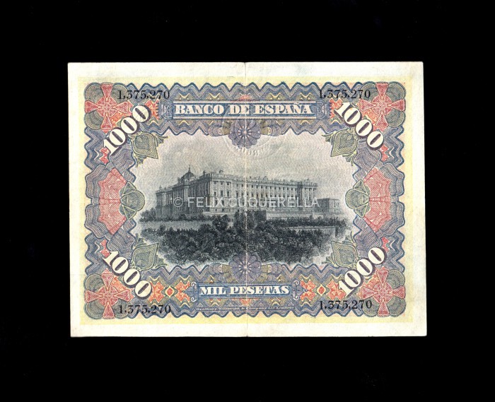 1000 Pesetas Julio 1907, MBC, doble resello República y Burgos reverso 1000 Pesetas Julio 1907, MBC, doble resello República y Burgos reverso