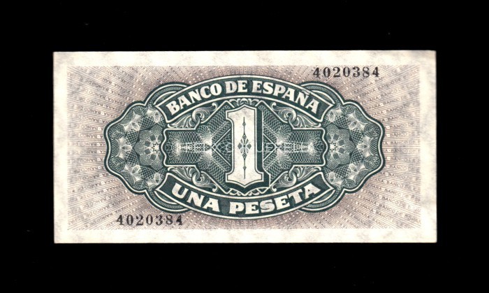 1 Peseta Septiembre 1940, sin serie, S/C-, pico doblado, marca en esquina reverso 1 Peseta Septiembre 1940, sin serie, S/C-, pico doblado, marca en esquina reverso