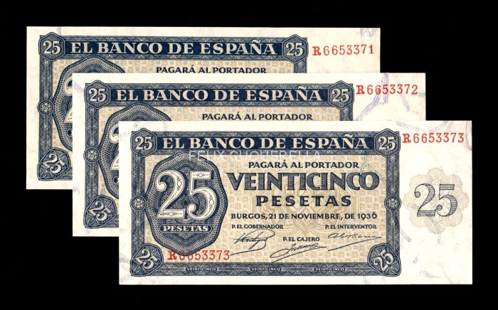 Trío correlativo 25 pesetas 1936, serie R, S/C Trío correlativo 25 pesetas 1936, serie R, S/C