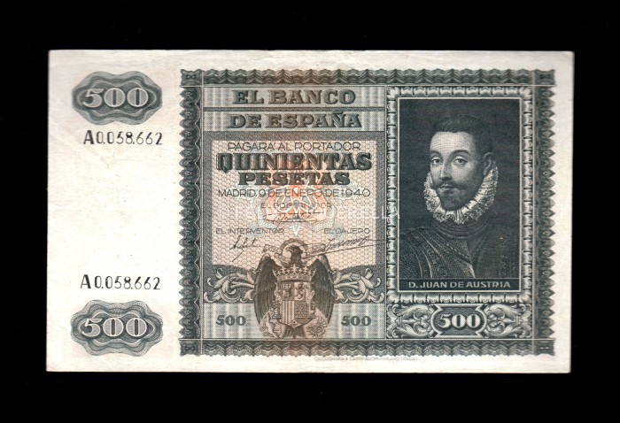500 Pesetas Enero 1940, serie A, MBC, reverso sucio, con todo su apresto anverso 500 Pesetas Enero 1940, serie A, MBC, reverso sucio, con todo su apresto anverso
