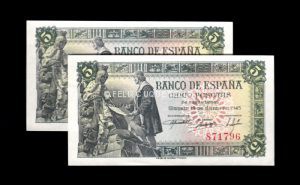 Pareja correlativa 5 pesetas 1945, sin serie, S/C-, pico abarquillado
