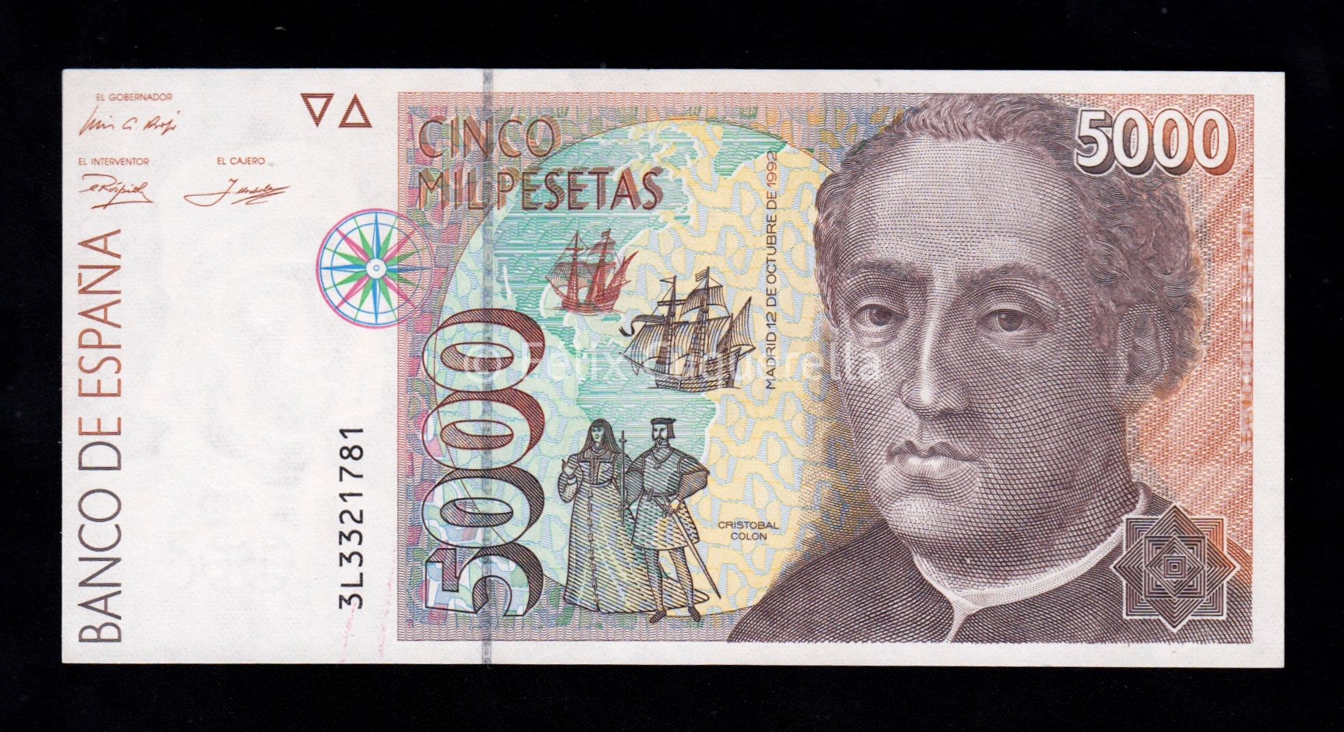 5000 Pesetas 1992, serie 3L, S/C- 5000 Pesetas 1992, serie 3L, S/C-
