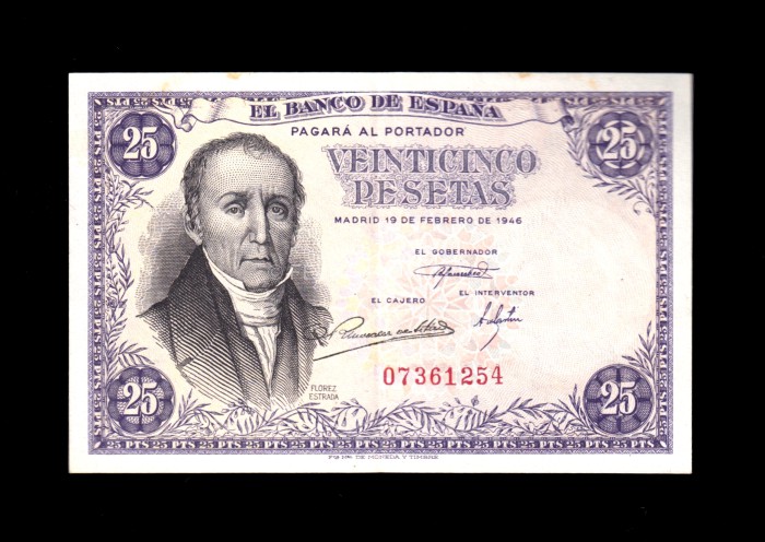 25 Pesetas 1946, sin serie, EBC, doblez central muy marcado anverso 25 Pesetas 1946, sin serie, EBC, doblez central muy marcado anverso