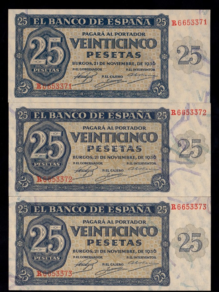 Trío correlativo 25 pesetas 1936, serie R, S/C anverso Trío correlativo 25 pesetas 1936, serie R, S/C anverso