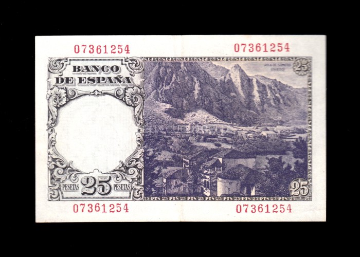 25 Pesetas 1946, sin serie, EBC, doblez central muy marcado reverso 25 Pesetas 1946, sin serie, EBC, doblez central muy marcado reverso