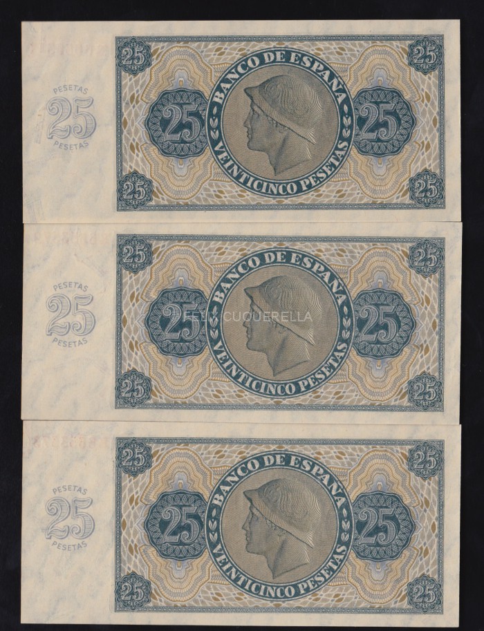 Trío correlativo 25 pesetas 1936, serie R, S/C reverso Trío correlativo 25 pesetas 1936, serie R, S/C reverso