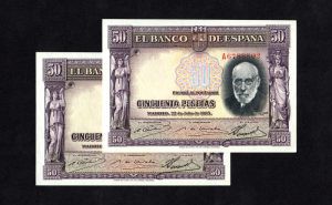 Pareja correlativa 50 pesetas 1935, serie A, S/C-, marquita en lateral