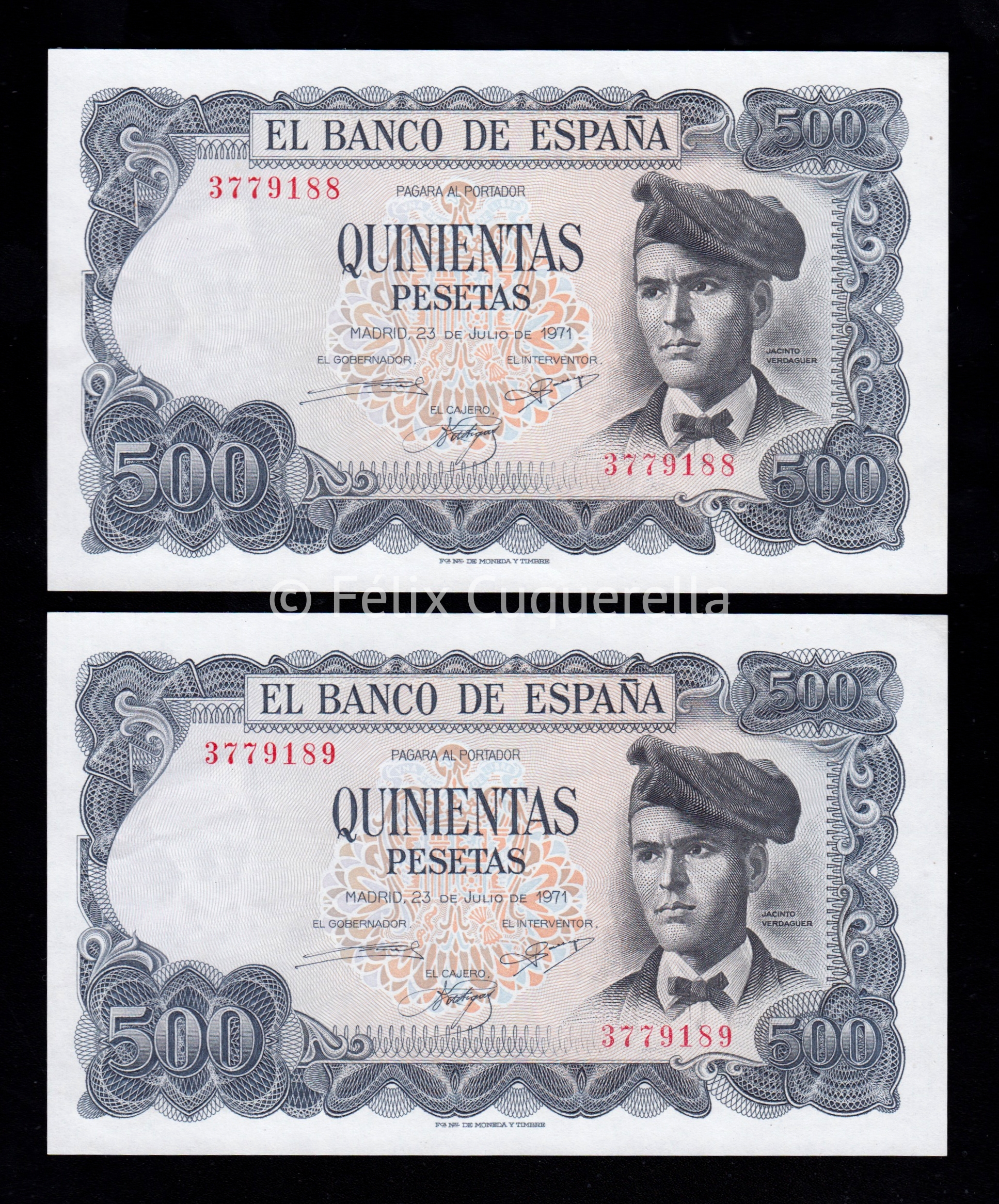 Pareja correlativa 500 Pesetas 1971, sin serie, S/C- Pareja correlativa 500 Pesetas 1971, sin serie, S/C-