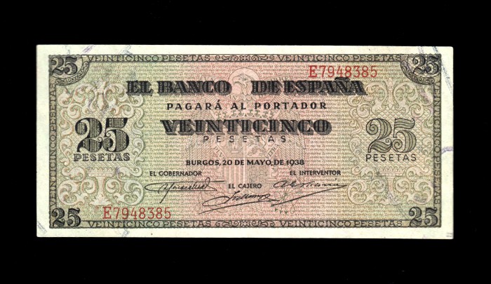 25 pesetas 1938, serie E, EBC-, doblez central muy marcado anverso 25 pesetas 1938, serie E, EBC-, doblez central muy marcado anverso