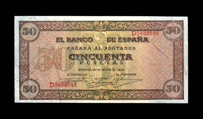 50 pesetas 1938, serie D, EBC, doblez central de muy marcado anverso 50 pesetas 1938, serie D, EBC, doblez central de muy marcado anverso