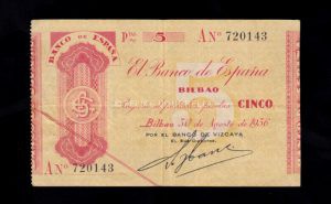 Banco de Bilbao 1936, 5 pesetas, serie A, MBC+, banco de Vizcaya anverso