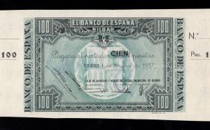 Banco de Bilbao , 100 Pesetas 1937 , S/C- , con matriz