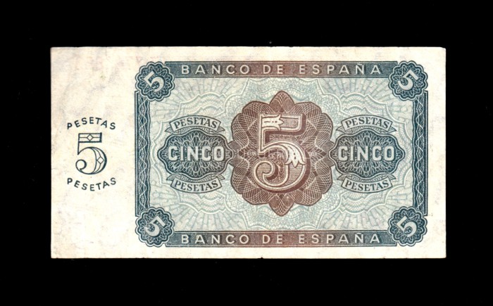 5 pesetas 1938, serie A, EBC-, doblez central muy marcado reverso 5 pesetas 1938, serie A, EBC-, doblez central muy marcado reverso