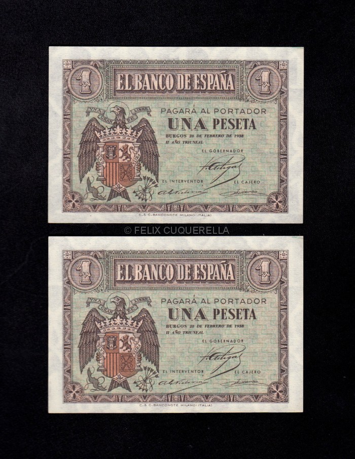 Pareja correlativa 1 Peseta Febrero 1938, serie A, S/C , pico doblado anverso Pareja correlativa 1 Peseta Febrero 1938, serie A, S/C , pico doblado anverso