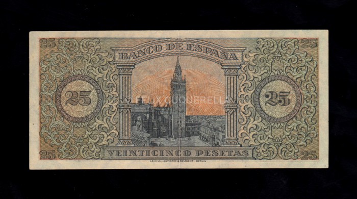 25 pesetas 1938, serie E, EBC-, doblez central muy marcado reverso 25 pesetas 1938, serie E, EBC-, doblez central muy marcado reverso