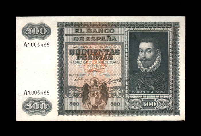 500 Pesetas Enero 1940, serie A, MBC, sucio, reparación en lateral anverso 500 Pesetas Enero 1940, serie A, MBC, sucio, reparación en lateral anverso