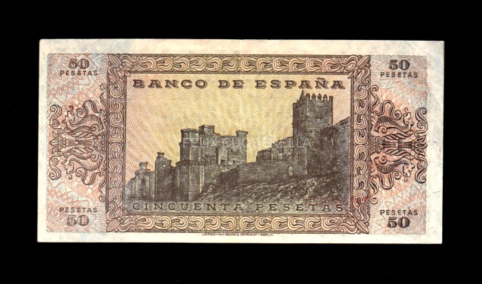 50 pesetas 1938, serie D, EBC, doblez central de muy marcado reverso 50 pesetas 1938, serie D, EBC, doblez central de muy marcado reverso