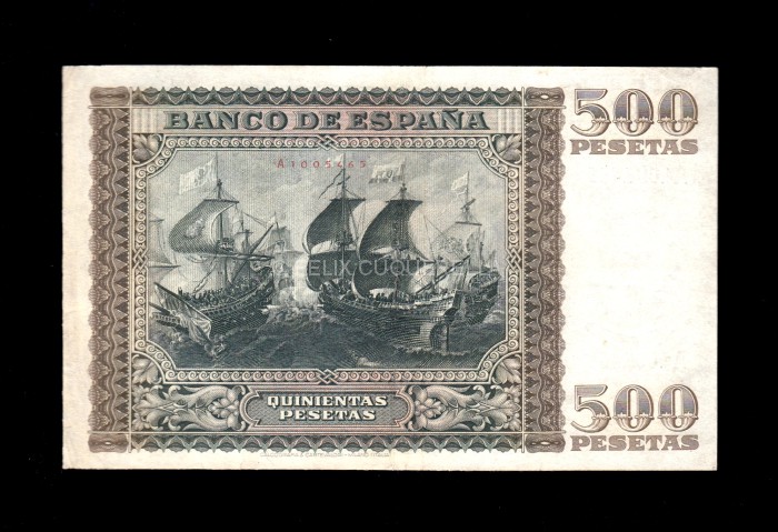 500 Pesetas Enero 1940, serie A, MBC, sucio, reparación en lateral reverso 500 Pesetas Enero 1940, serie A, MBC, sucio, reparación en lateral reverso