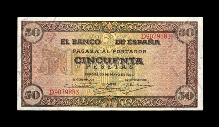 50 pesetas 1938, serie D, EBC+, manchitas en reverso anverso 50 pesetas 1938, serie D, EBC+, manchitas en reverso anverso