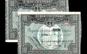 Banco de Bilbao 1937, pareja correlativa 100 pesetas, EBC, caja de ahorros y monte de piedad municipal de Bilbao anverso