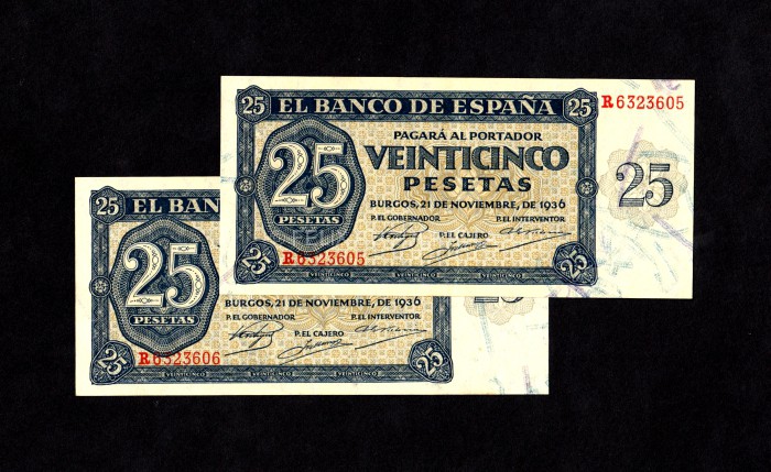 Pareja correlativa 25 pesetas 1936, serie R, EBC+ Pareja correlativa 25 pesetas 1936, serie R, EBC+