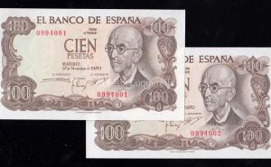 Pareja correlativa 100 Pesetas 1970, sin serie, S/C-
