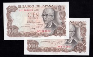 Pareja correlativa 100 Pesetas 1970, serie 9C, S/C-