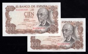 Pareja correlativa 100 Pesetas 1970, serie 9A, S/C-