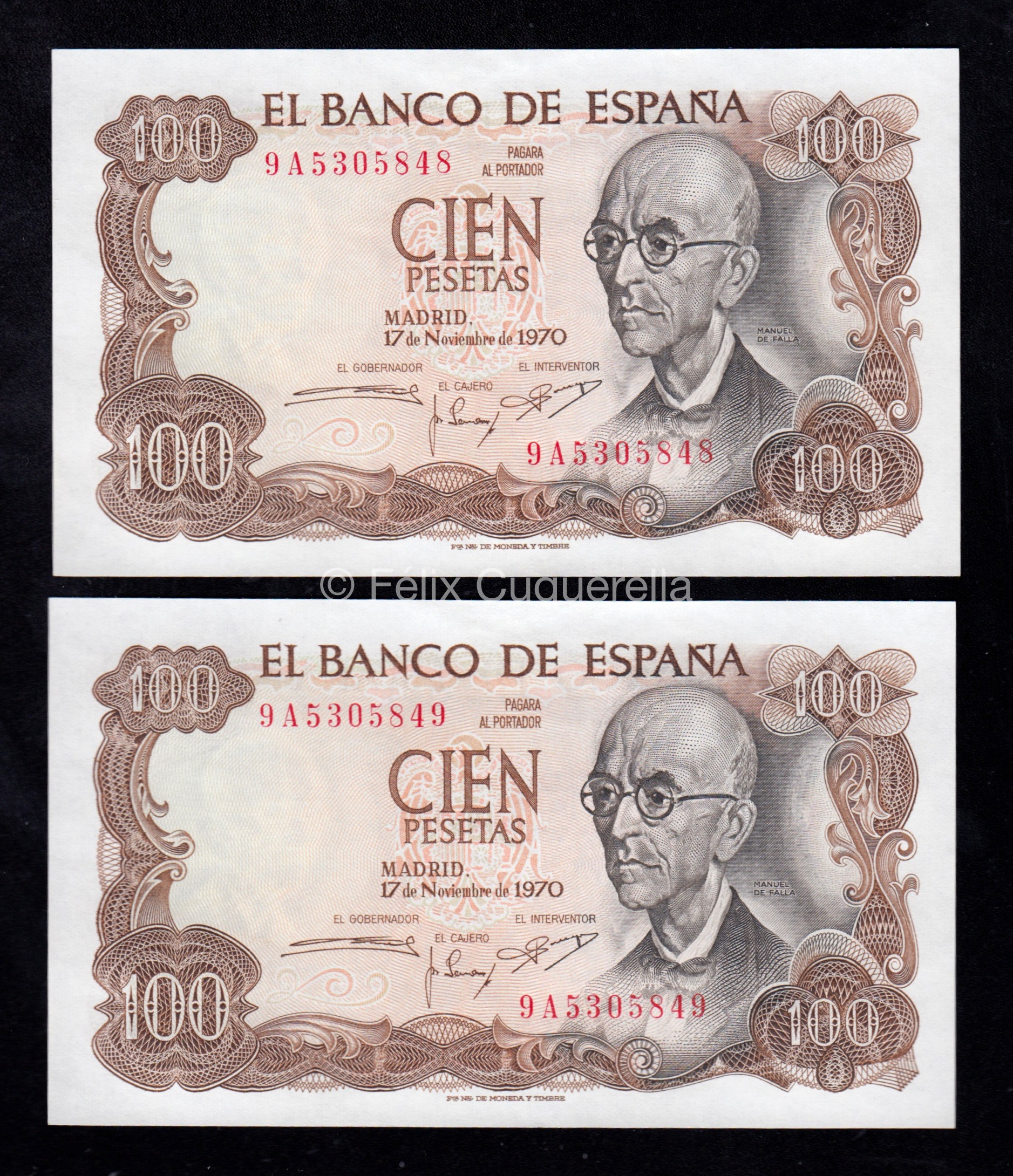 Pareja correlativa 100 Pesetas 1970, serie 9A, S/C- Pareja correlativa 100 Pesetas 1970, serie 9A, S/C-