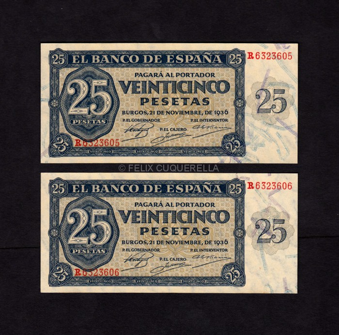 Pareja correlativa 25 pesetas 1936, serie R, EBC+ anverso Pareja correlativa 25 pesetas 1936, serie R, EBC+ anverso