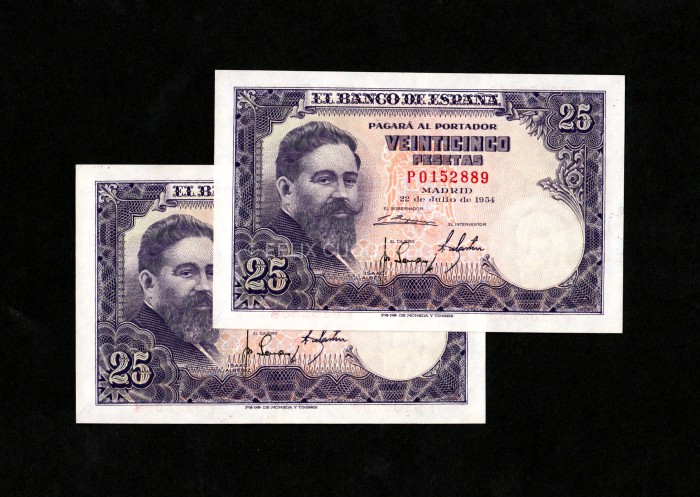 Pareja correlativa 25 Pesetas 1954, serie P, EBC Pareja correlativa 25 Pesetas 1954, serie P, EBC