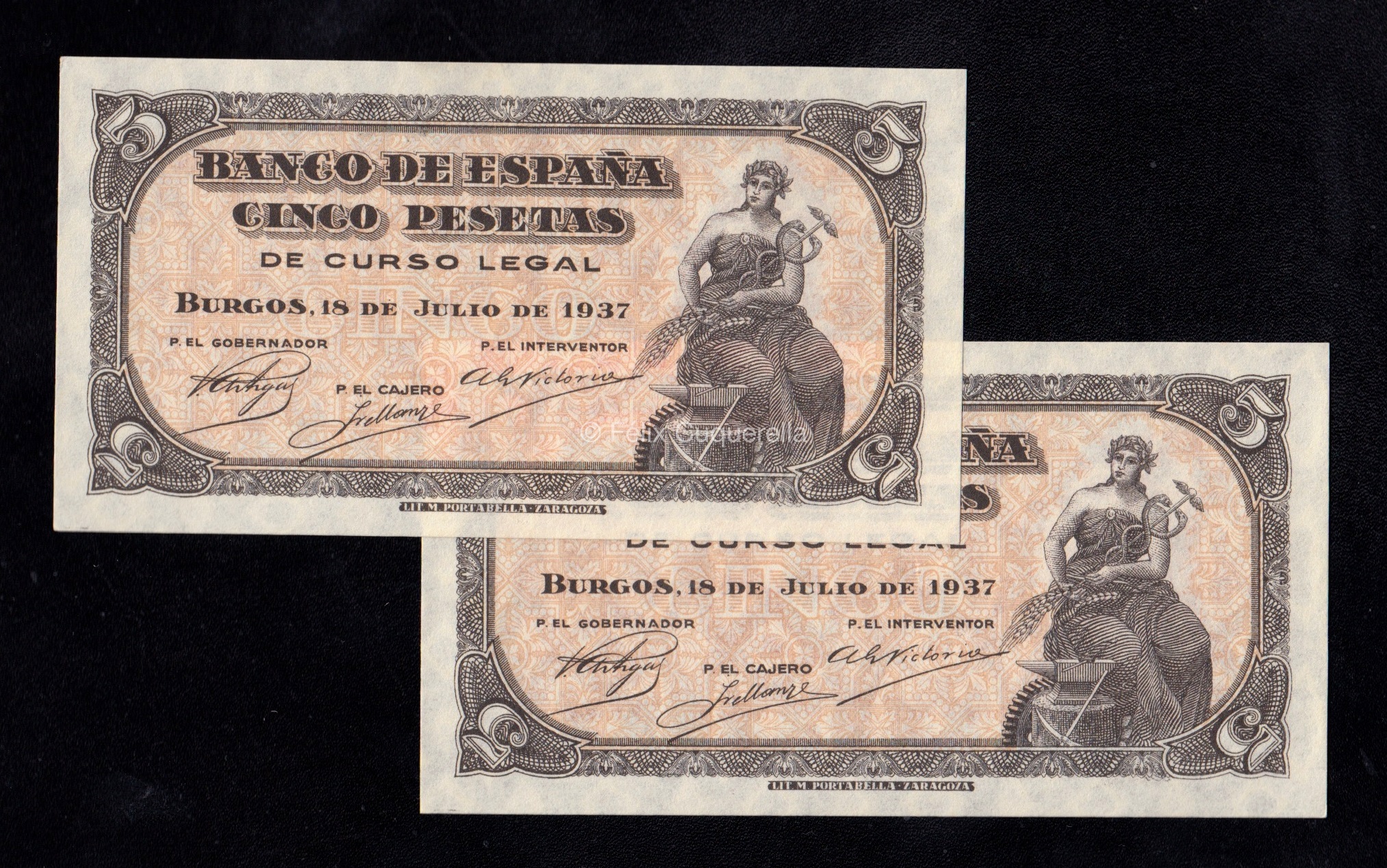 Pareja correlativa 5 Pesetas 1937, sin serie, S/C- Pareja correlativa 5 Pesetas 1937, sin serie, S/C-
