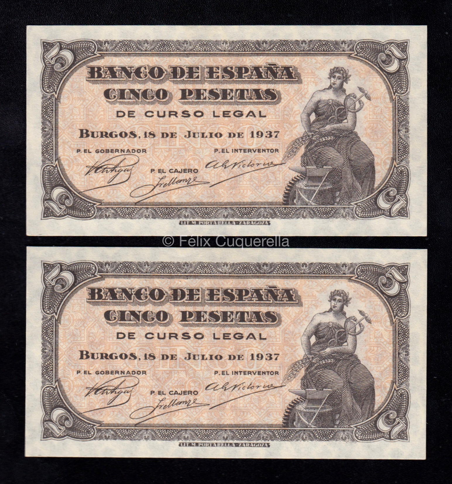 Pareja correlativa 5 Pesetas 1937, sin serie, S/C- Pareja correlativa 5 Pesetas 1937, sin serie, S/C-
