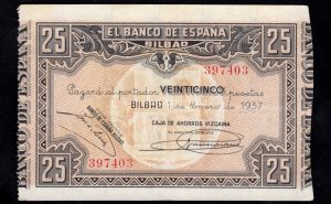 Banco de Bilbao 1937, 25 pesetas, sin serie, MBC+, caja vizcaina