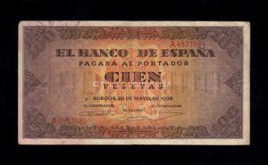 100 Pesetas 1938, serie A, MBC+, esquina doblada anverso