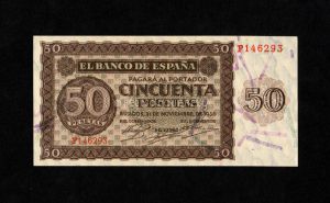 50 pesetas 1936, serie F, EBC+, abarquillado sin romper la fibra anverso