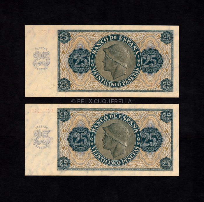 Pareja correlativa 25 pesetas 1936, serie R, EBC+ reverso