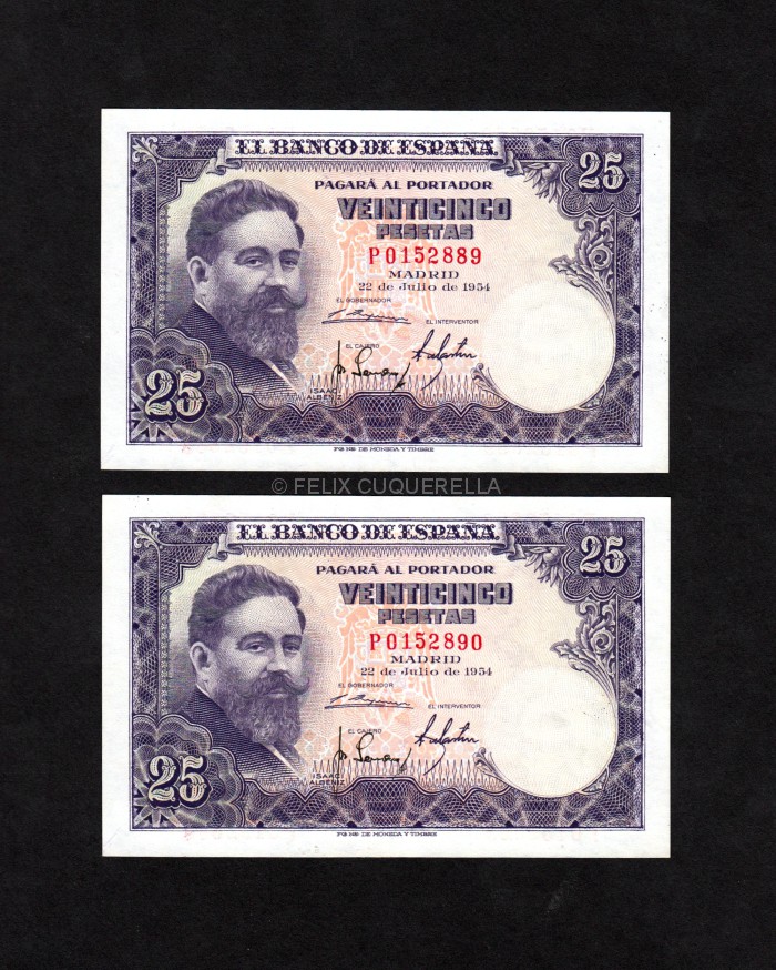Pareja correlativa 25 Pesetas 1954, serie P, EBC anverso Pareja correlativa 25 Pesetas 1954, serie P, EBC anverso