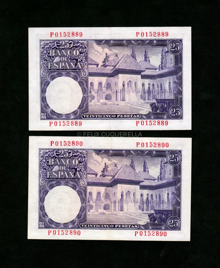 Pareja correlativa 25 Pesetas 1954, serie P, EBC reverso