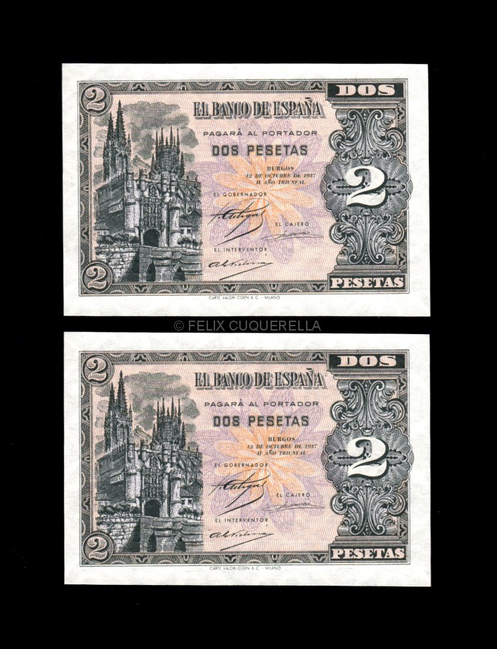 Pareja correlativa 2 Pesetas Octubre 1937, serie B, S/C-, marquita en lateral anverso Pareja correlativa 2 Pesetas Octubre 1937, serie B, S/C-, marquita en lateral anverso